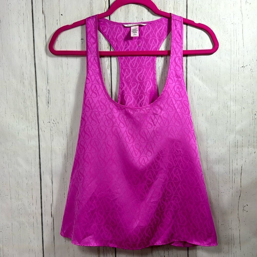 Victorias Secret Racerback Logo Satin Pink Sleeveless Activewear Gym Tank Top